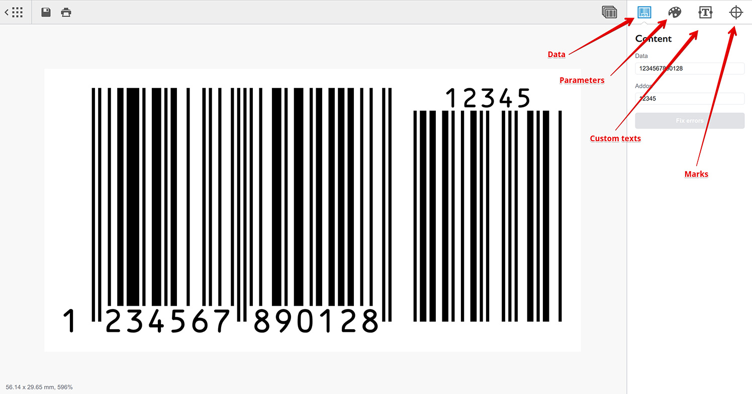 Barcode parameters panel has four tabs: data, appearance, texts and marks