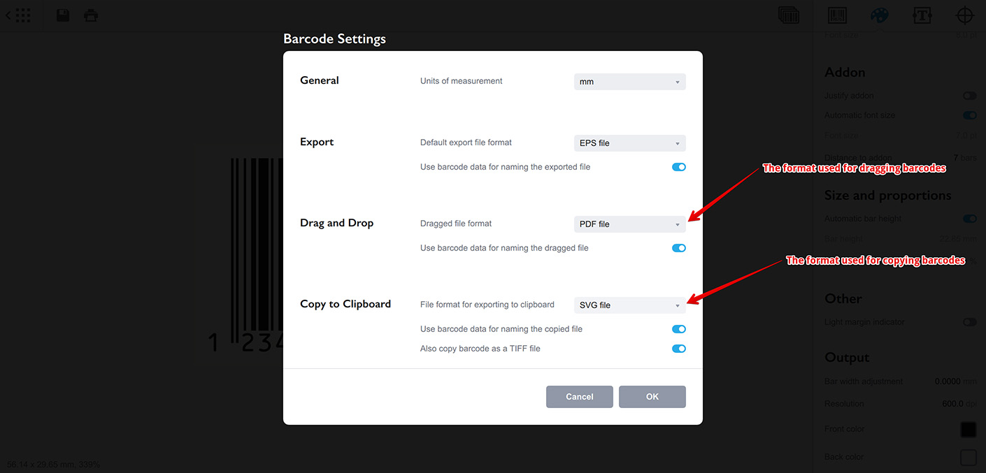 Configuring vector barcode exporting options