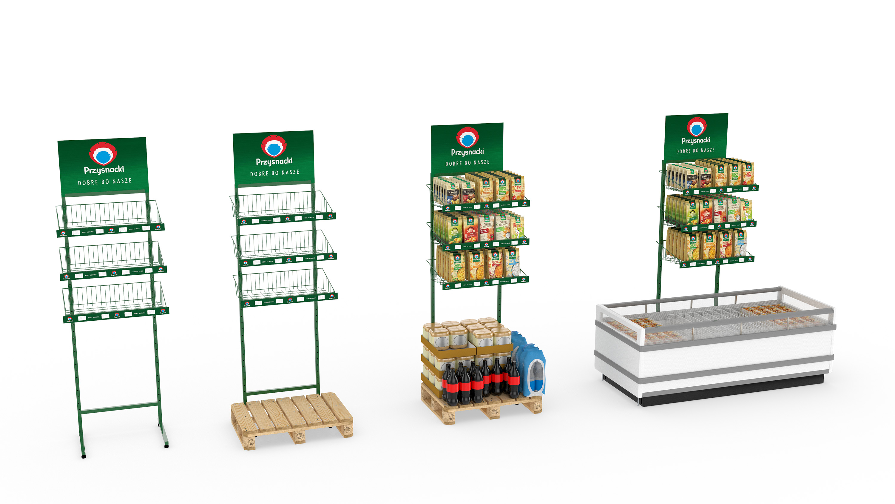 Custom point of sale stands with groceries