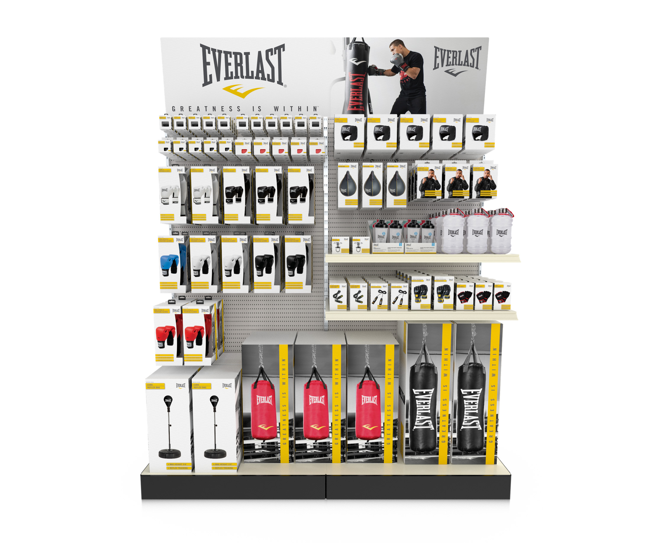 Sport inventory stand mockup with shelves and boxes