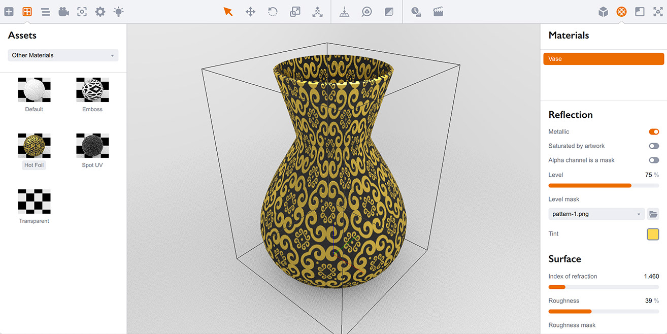 Complex material applied to a vase in Boxshot 5