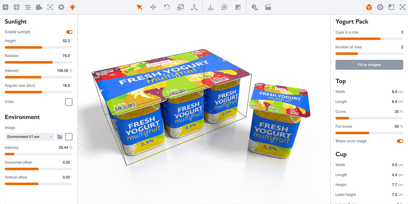 Yogurt pack mock-up composed in Boxshot 5