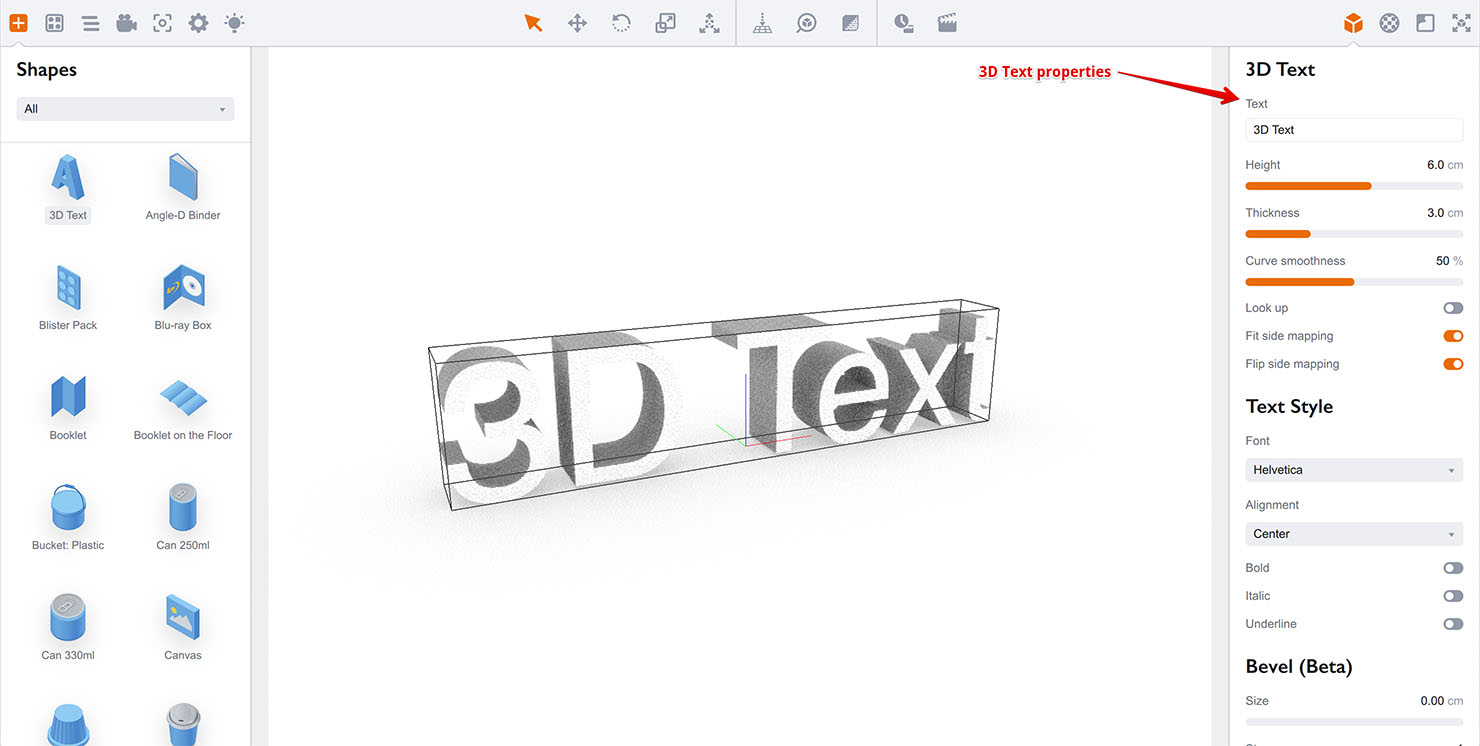 Default 3D text object in Boxshot and its properties