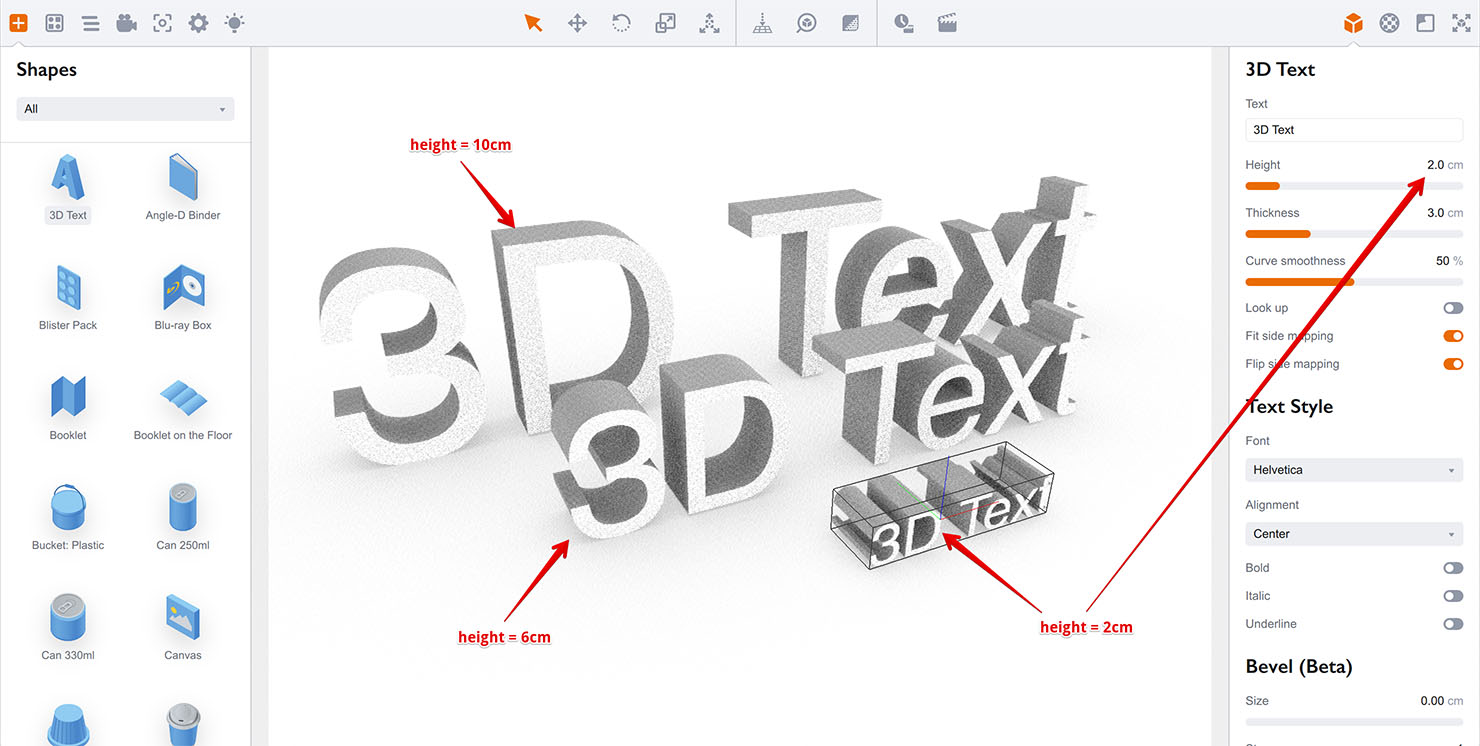 Various 3D text objects height in Boxshot