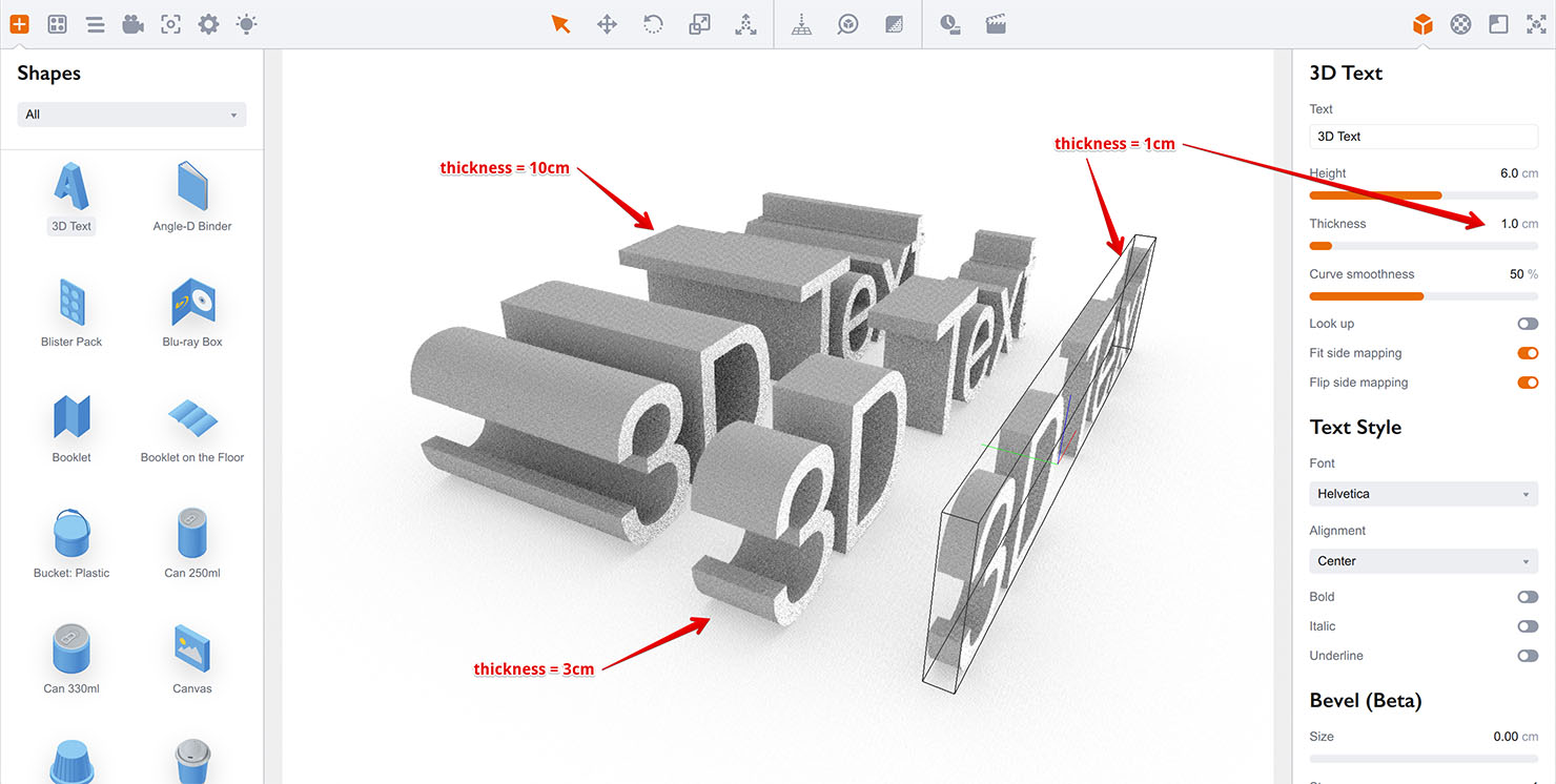 Various 3D text objects thickness in Boxshot