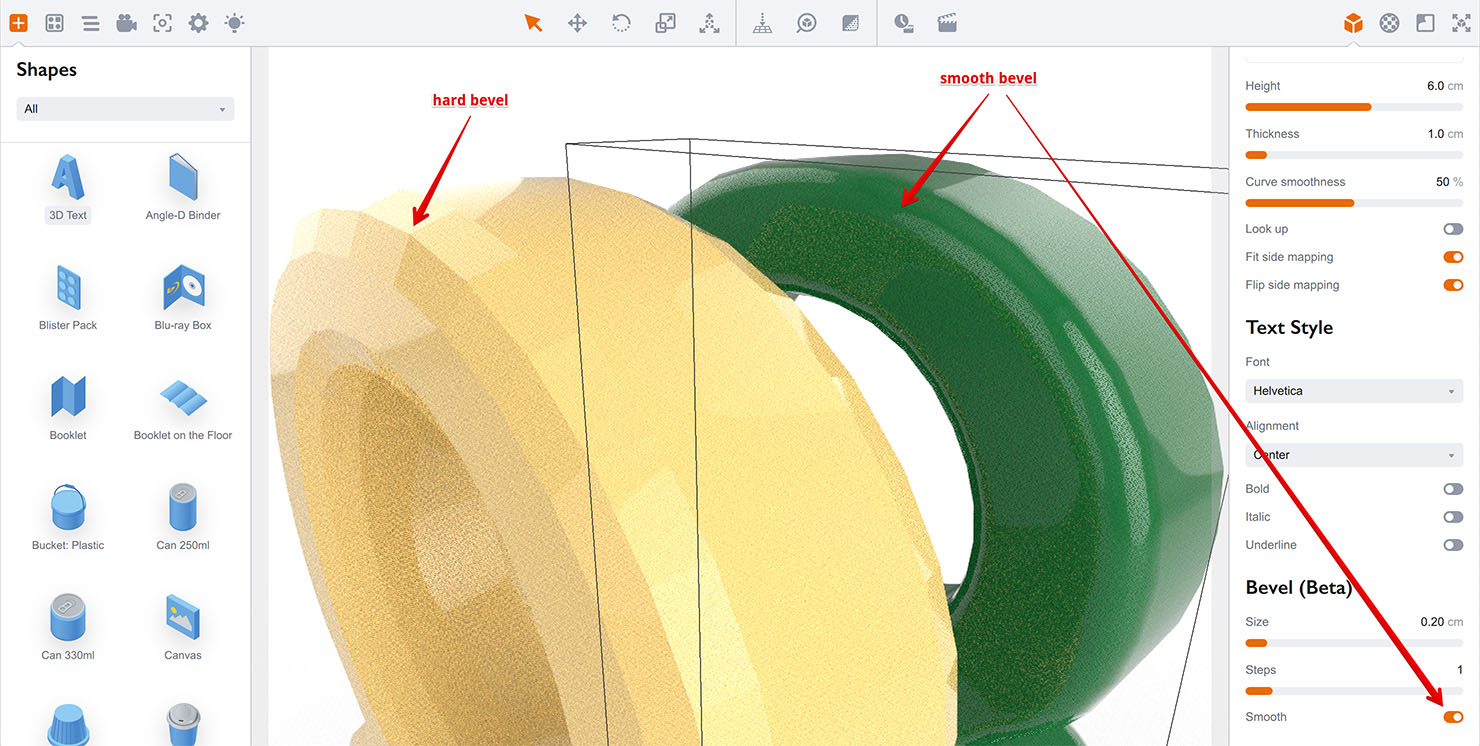 Smooth bevel options in Boxshot