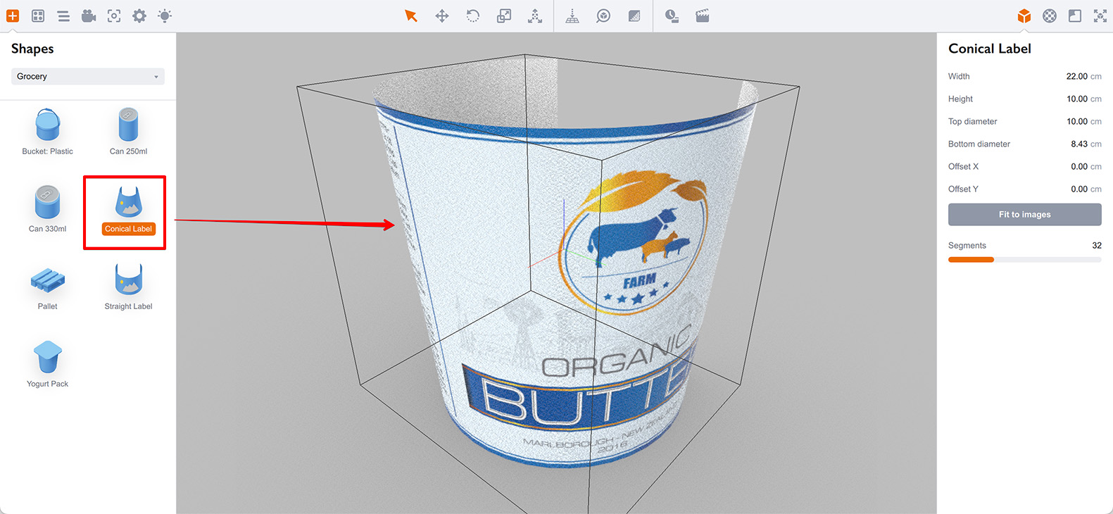 Adding a conical label shape to the Boxshot scene