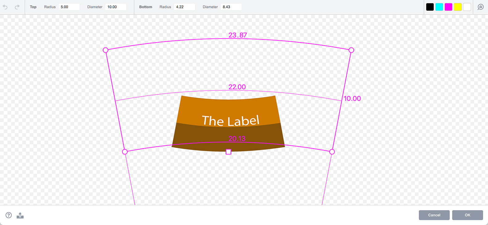 The new conical label artwork loaded with the default grid