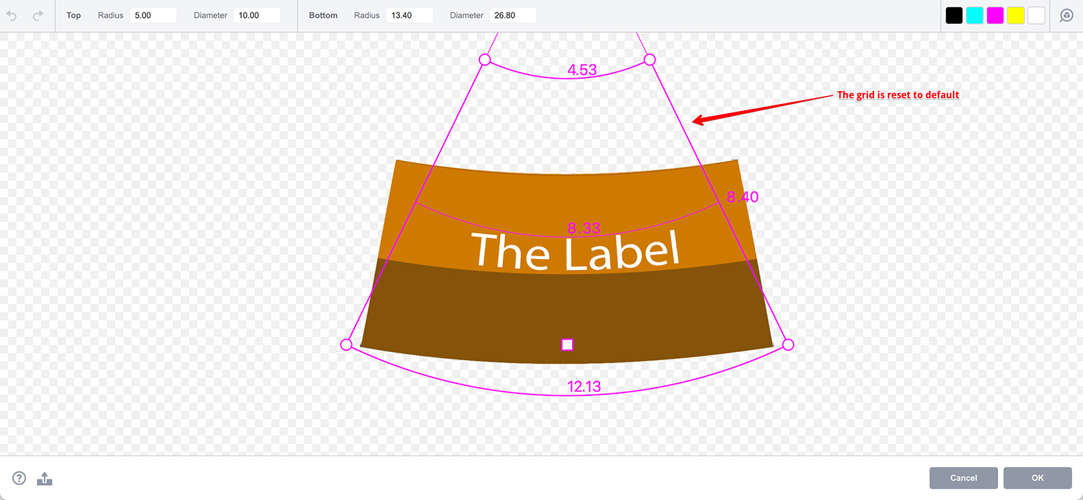 Conical label frame is reset to defaults