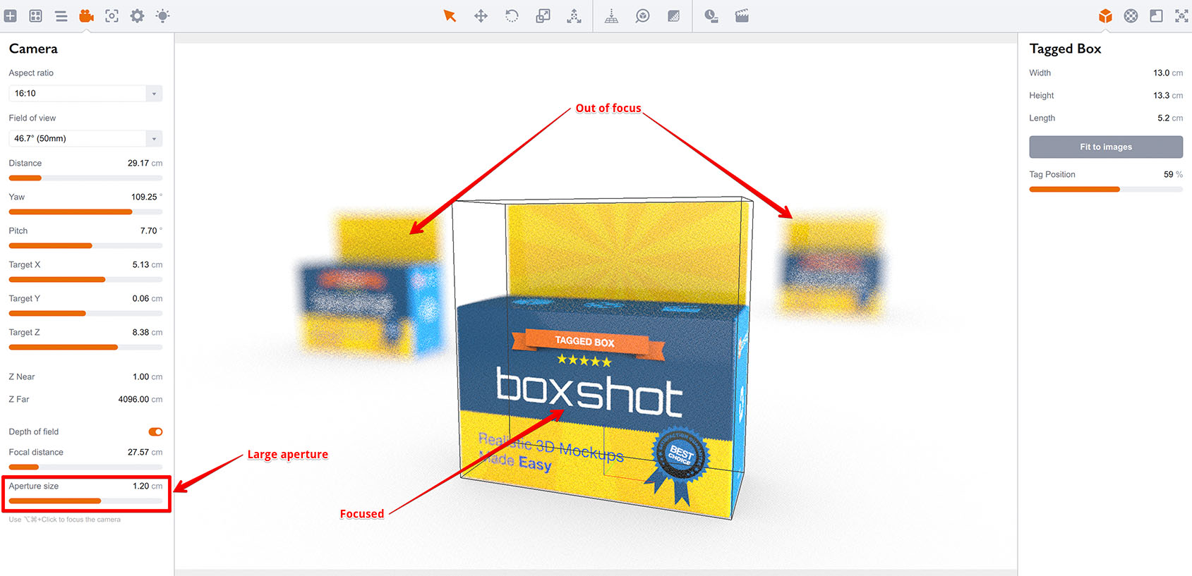 Blurring the background with the depth of field effect in Boxshot
