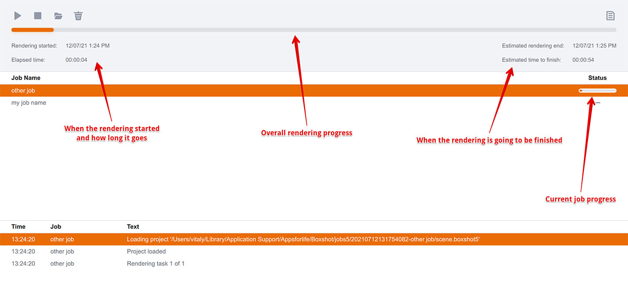 Boxshot Job Manager progress bar and timers explained