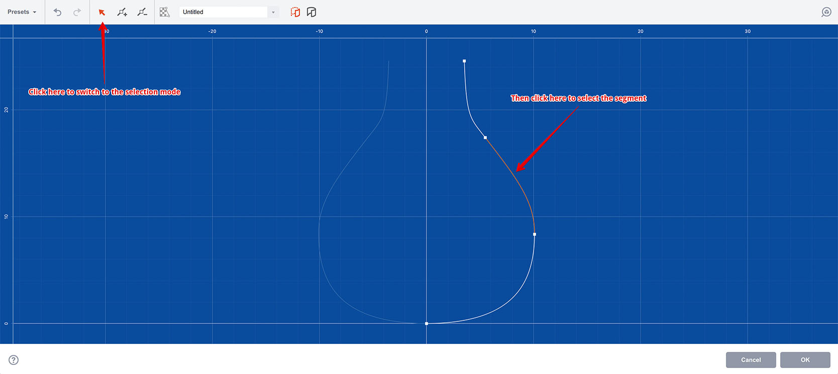 Selecting segments in the lathe curve editor