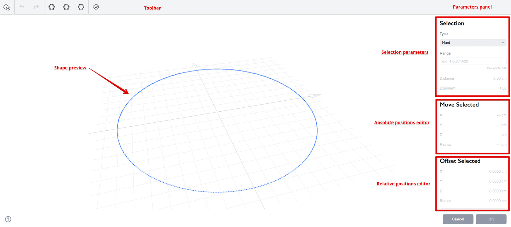 Starting the shape editor for the circle shape