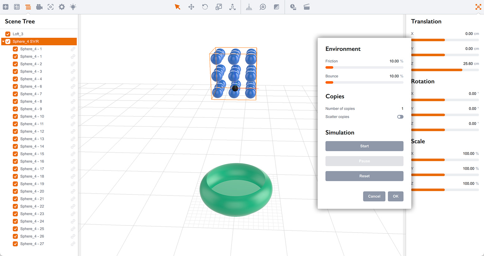 Group of spheres above the bowl ready for simulation