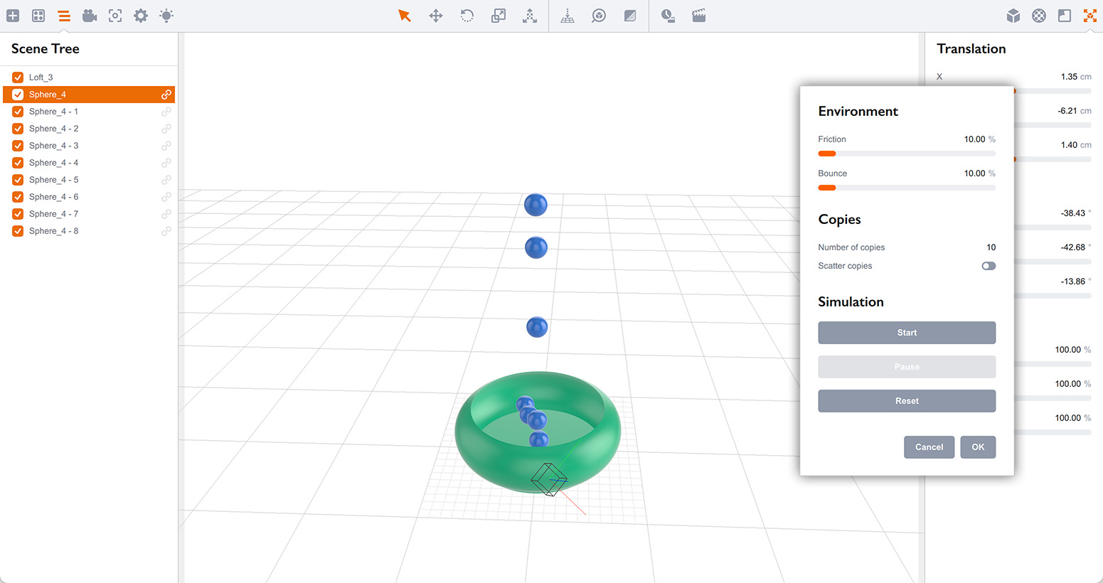 Paused simulation of 10 falling balls