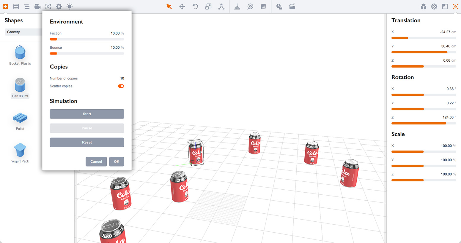 Simulating 10 falling soda cans