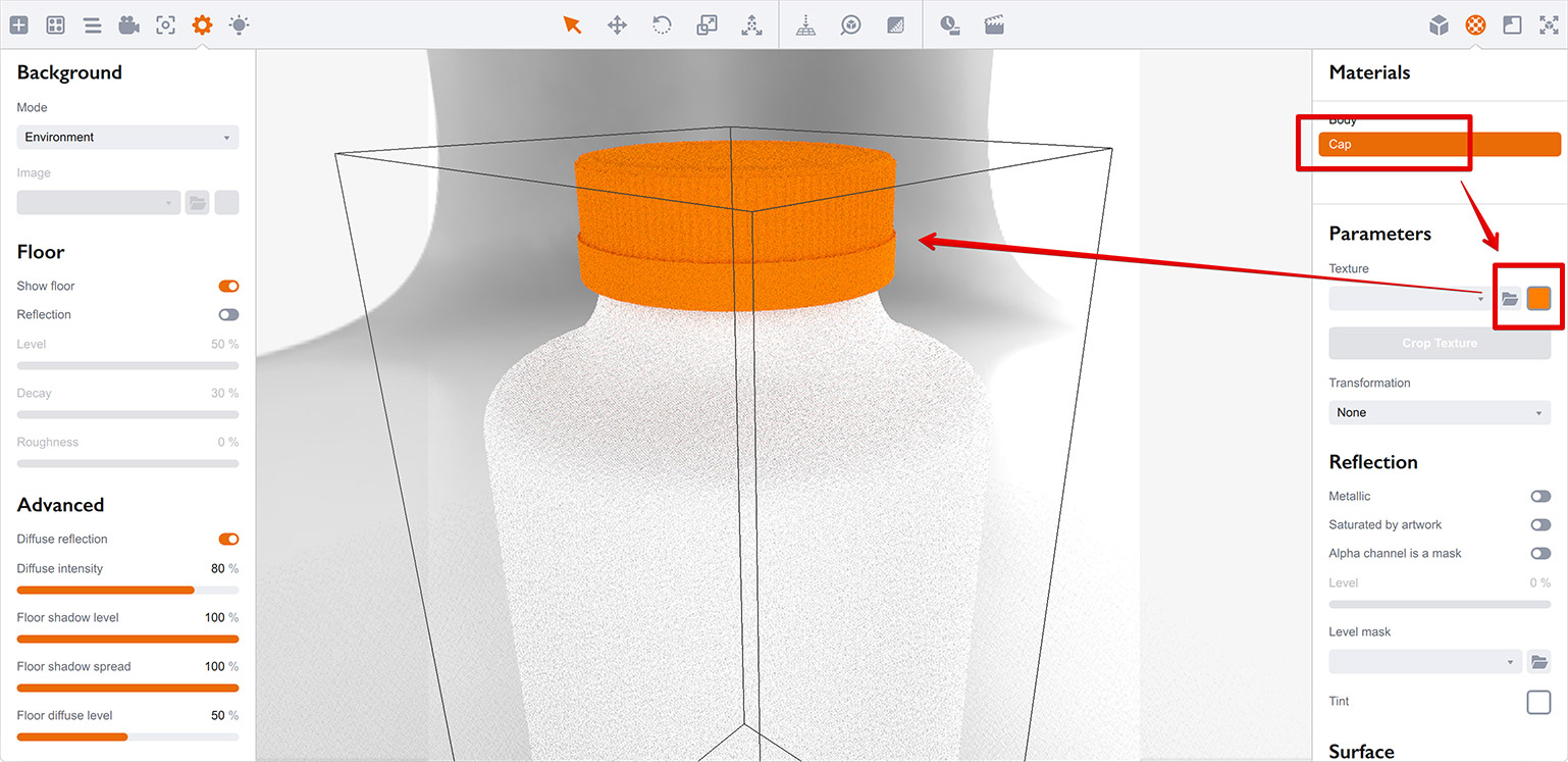 Making bottle cap orange by changing its diffuse tint in Boxshot