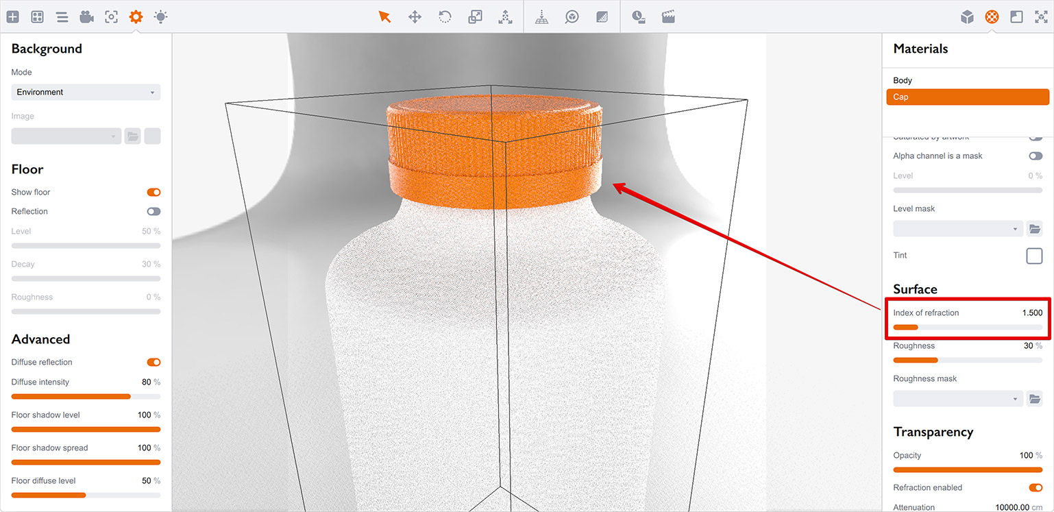 Setting index of refraction to 1.5 in Boxshot