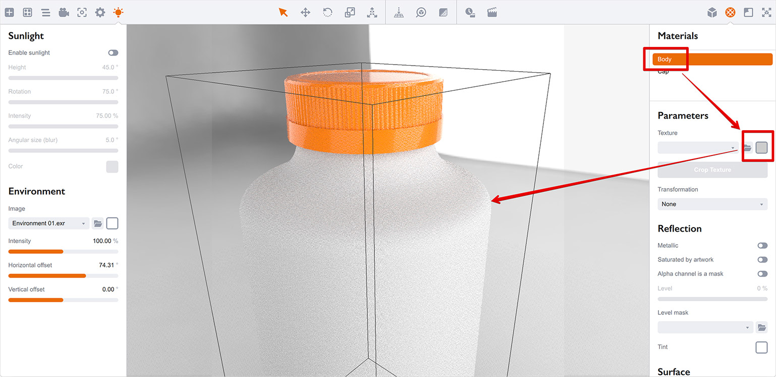 Making a bottle not so white with diffuse tint in Boxshot