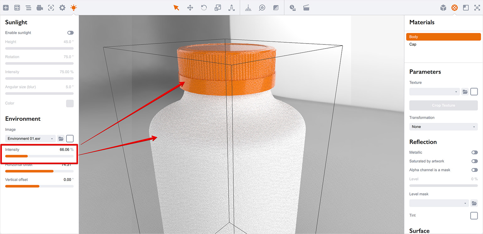 Making a bottle not so white with environment intensity in Boxshot