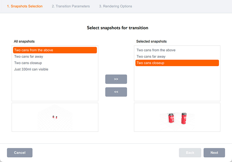 Selecting snapshot for transition animation