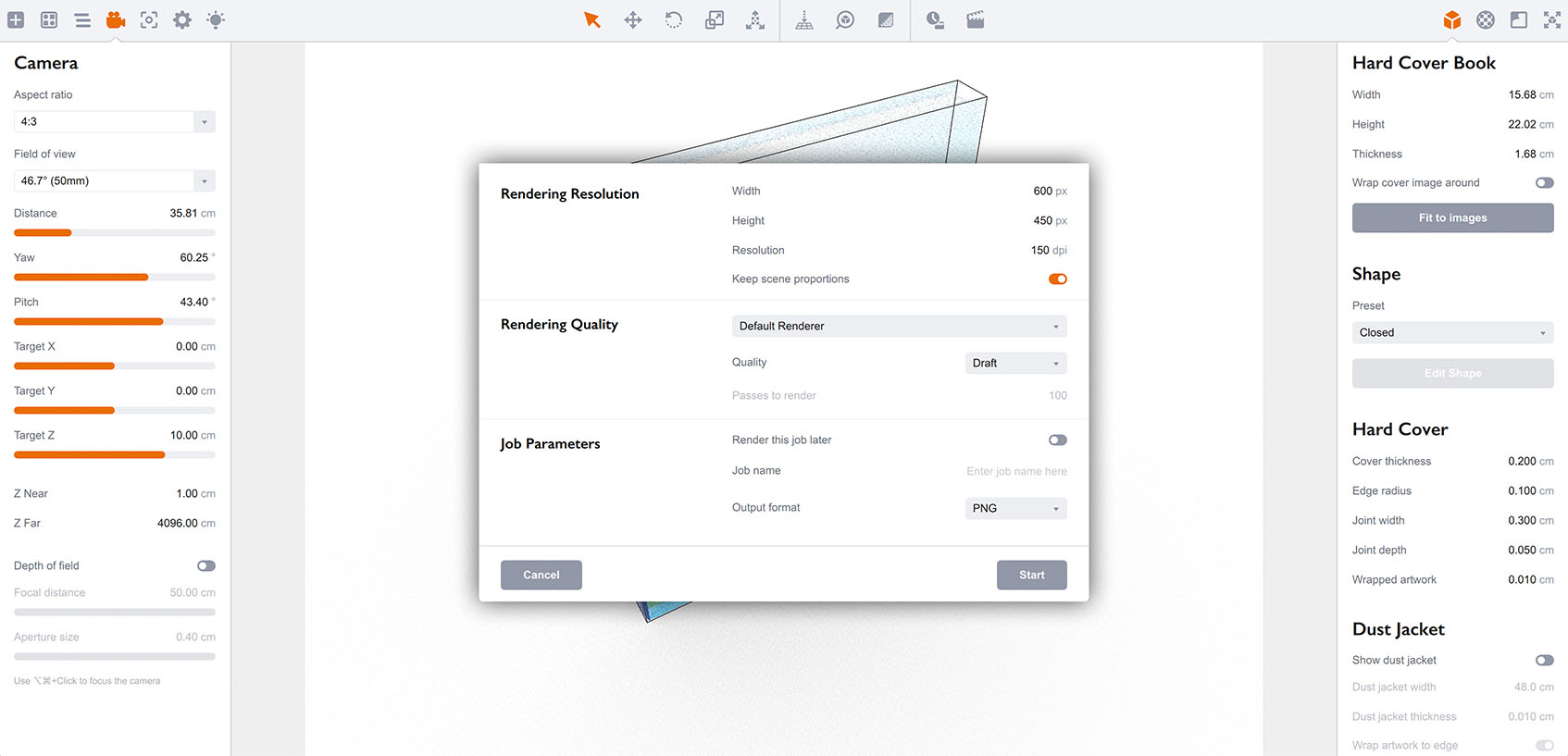 Configuring rendering parameters in Boxshot