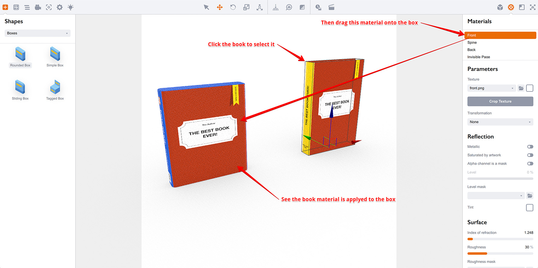 Copying materials by dragging and dropping them in Boxshot