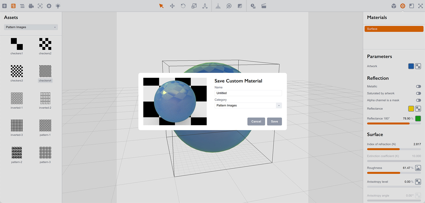 Saving custom material to the **Assets** panel in Boxshot