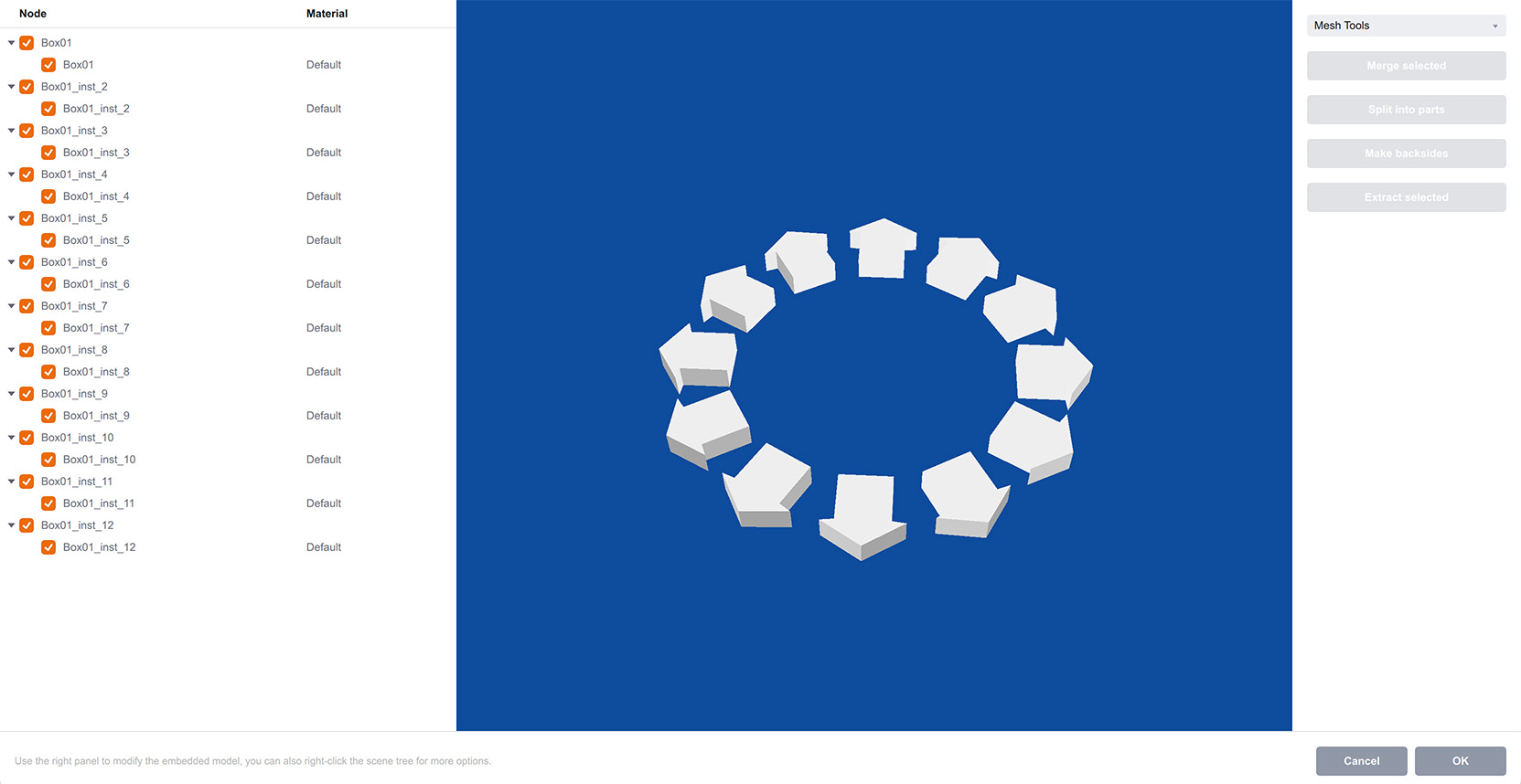 Embedded model editor window with nodes and materials