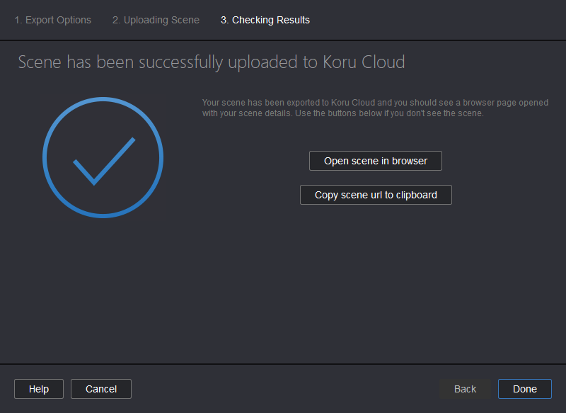 Scene has been exported to Koru Cloud