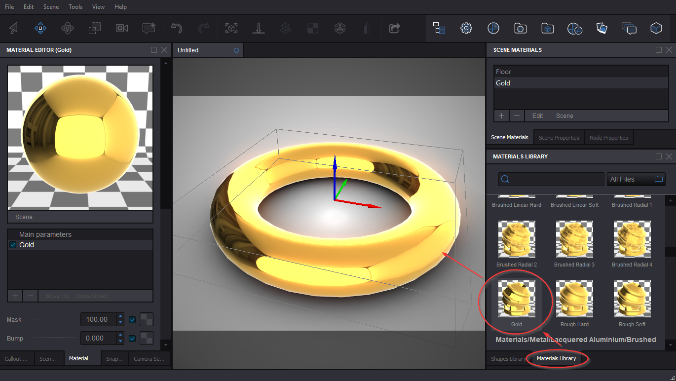 Applying gold material to 3D model in Koru