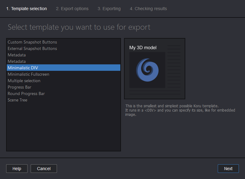 Selecting export template in Koru Export Wizard