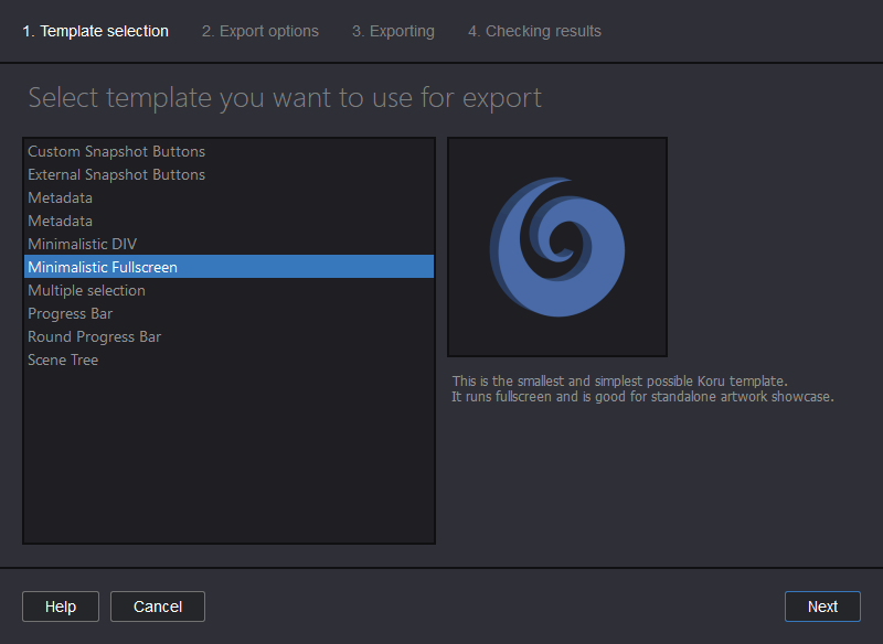 Selecting export template in Koru Export Wizard