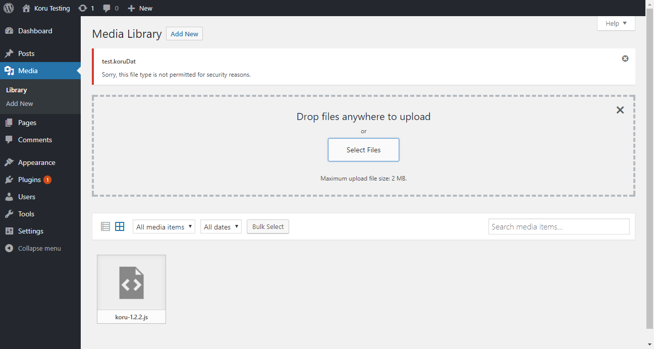 Trying to upload Koru files to WordPress Media Library
