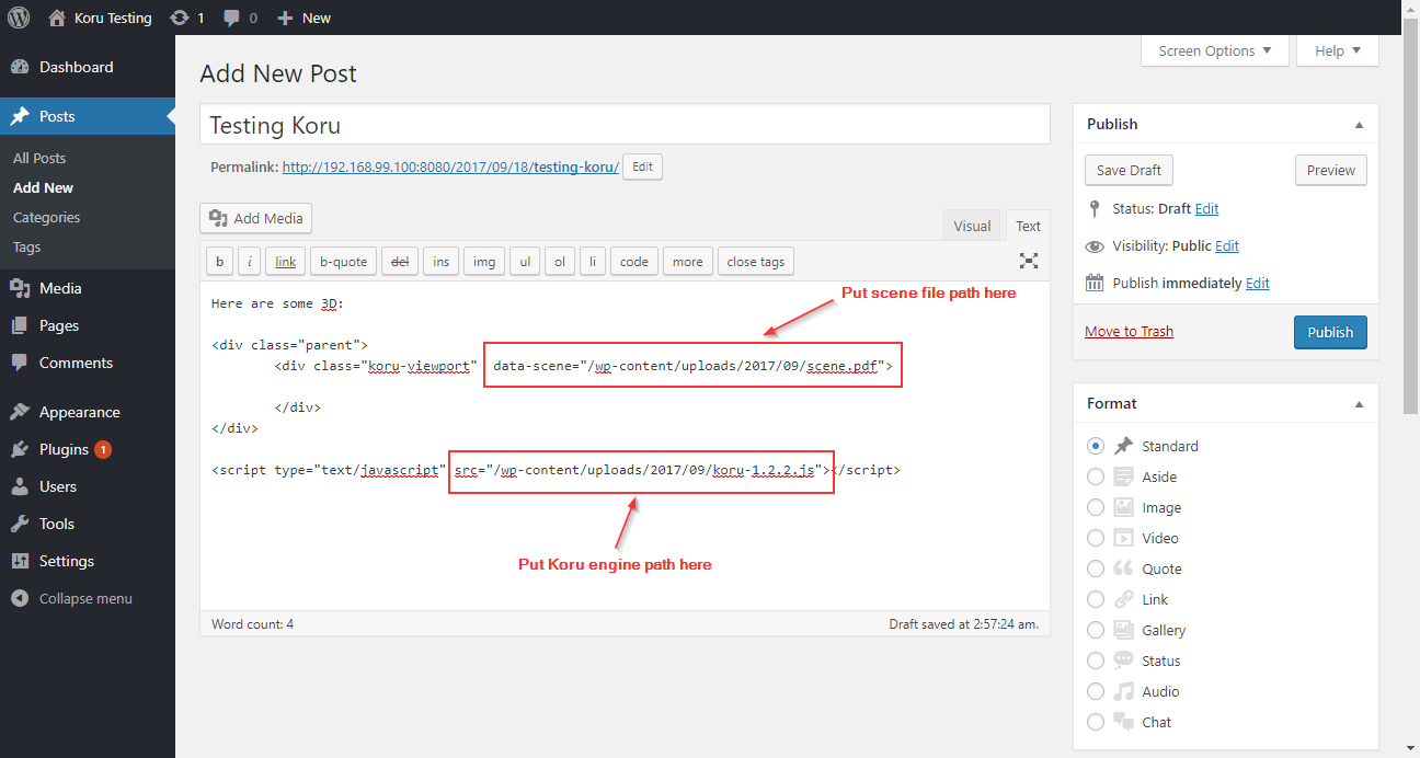 Setting proper paths to scene and Koru engine in WordPress