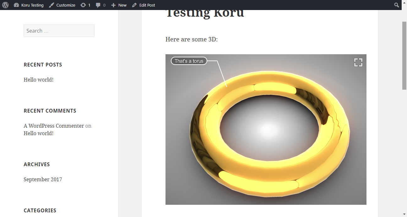 Koru 3D model in WordPress site