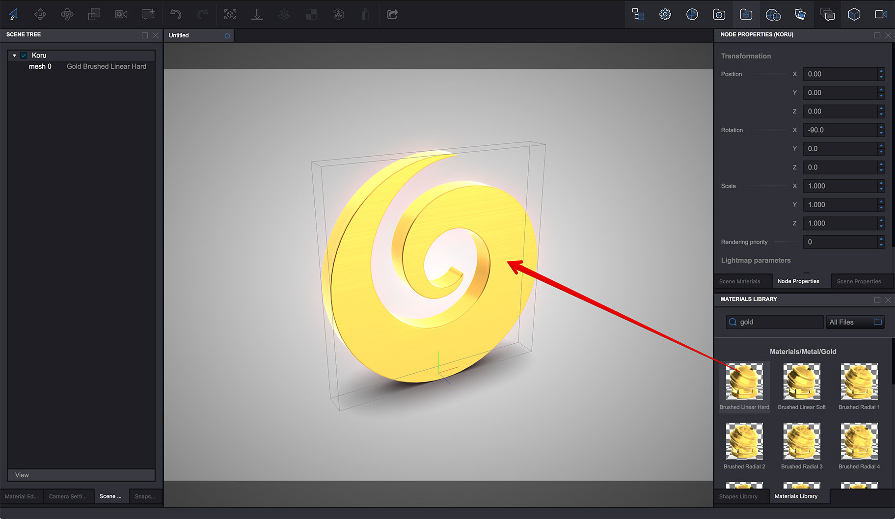 Simple gold koru scene in Koru WebGL exporter