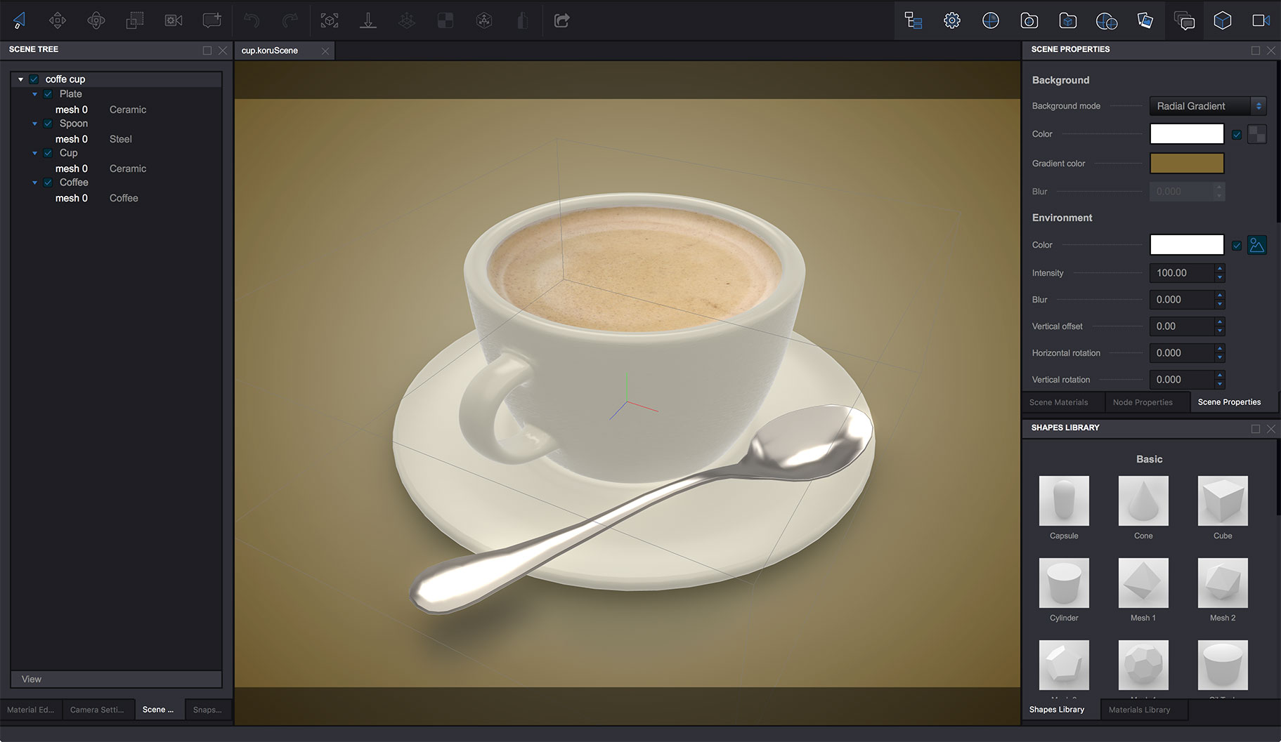 A 3D cup of coffee scene in Koru WebGL exporter