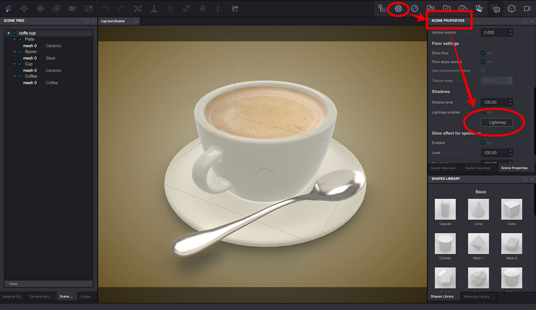 Lightmap button in the scene properties panel of Koru WebGL exporter
