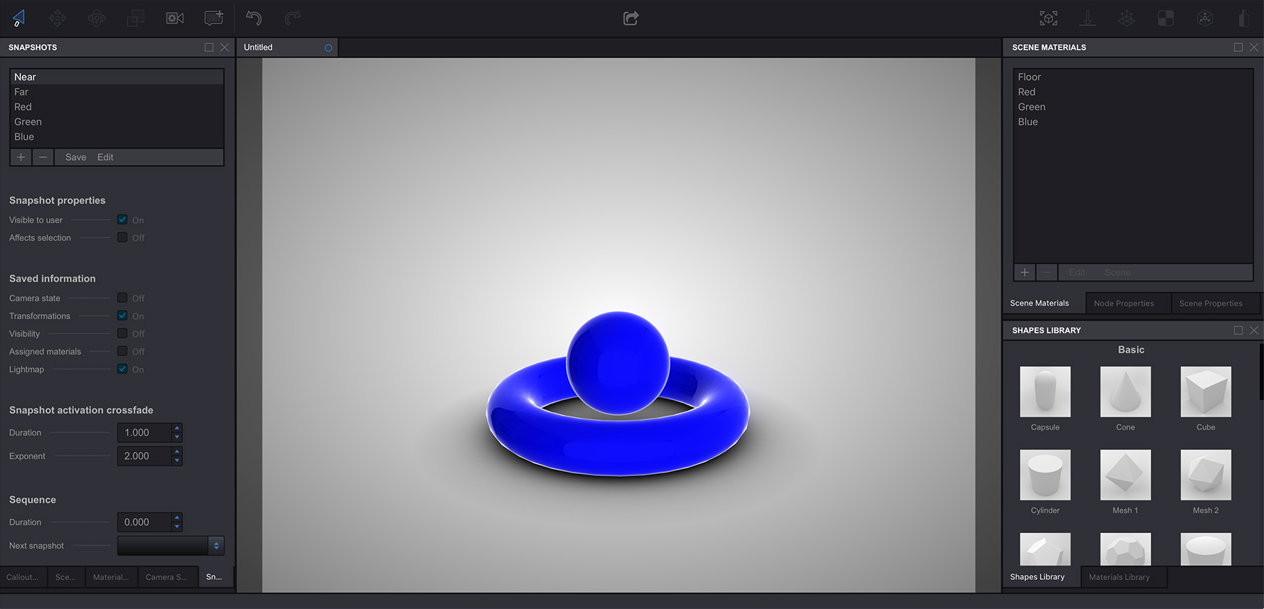 Two shapes and five snapshots in Koru WebGL software