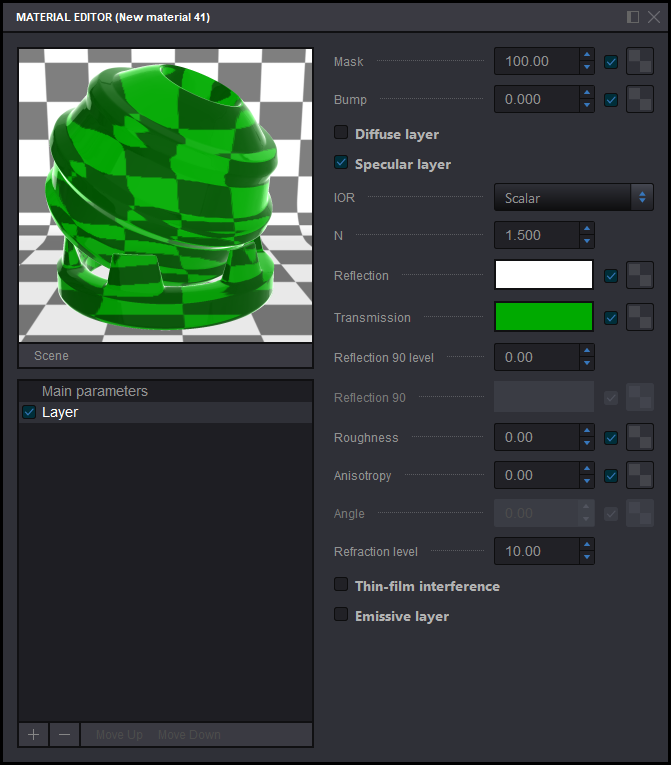 Green refractive glass material in Koru