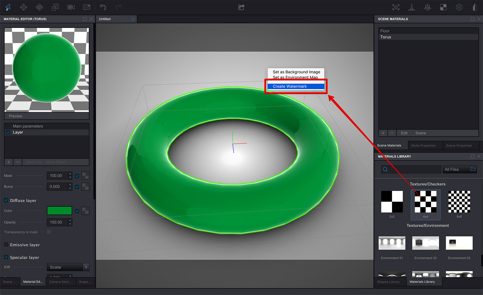 Koru WebGL exporter shows 'create watermark' menu.