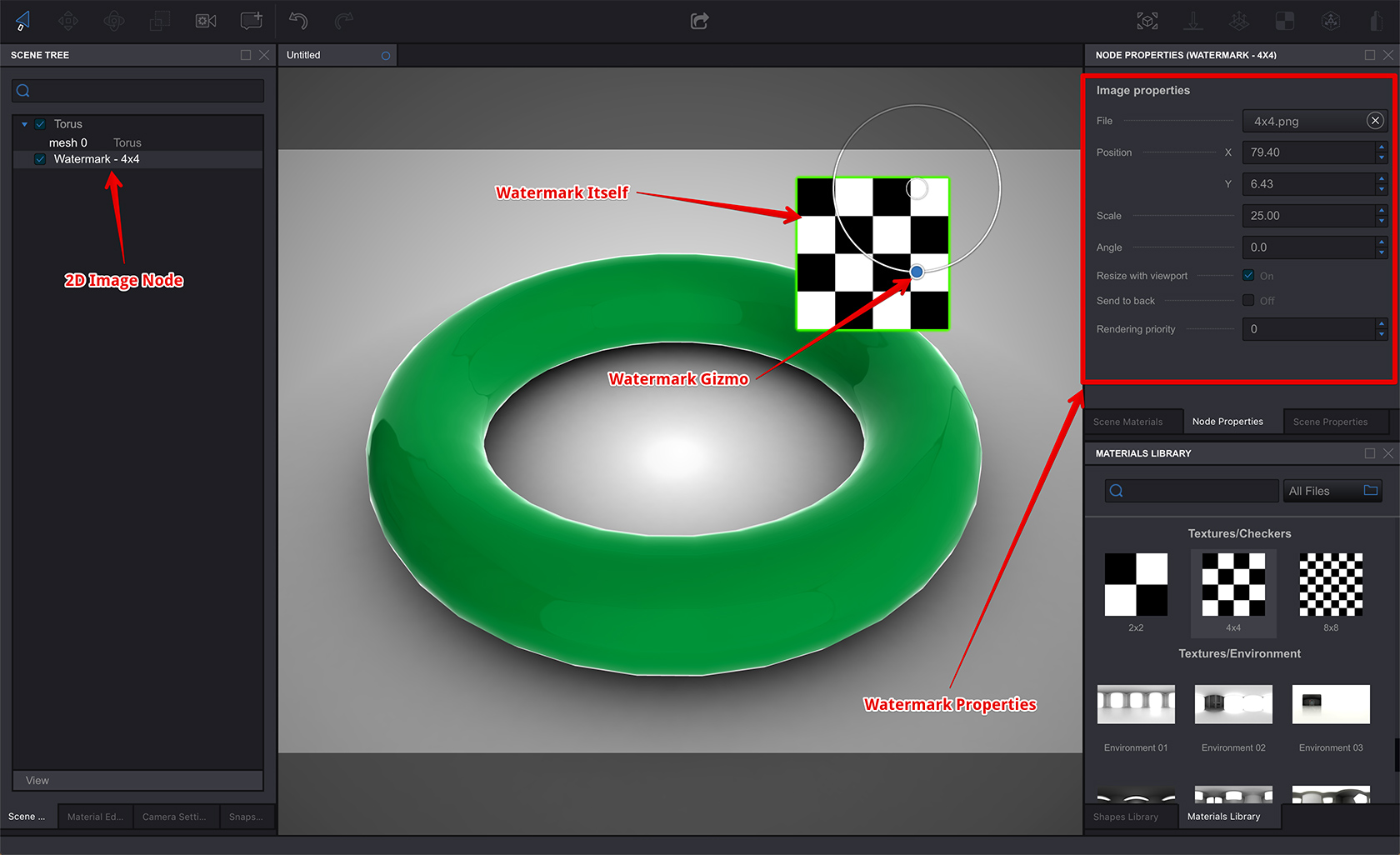 Newly created watermark in Koru WebGL software scene tree and node properties panel.