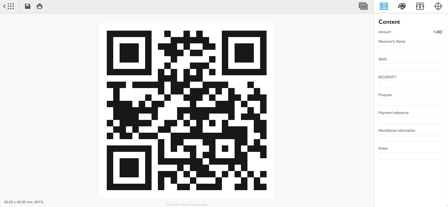 Bank transfer QR code created in Barcode generator