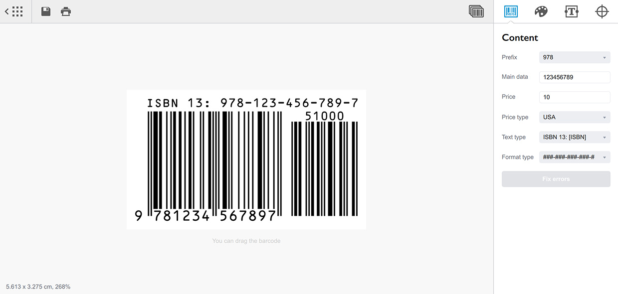 Barcodes editor screen in Barcode 2