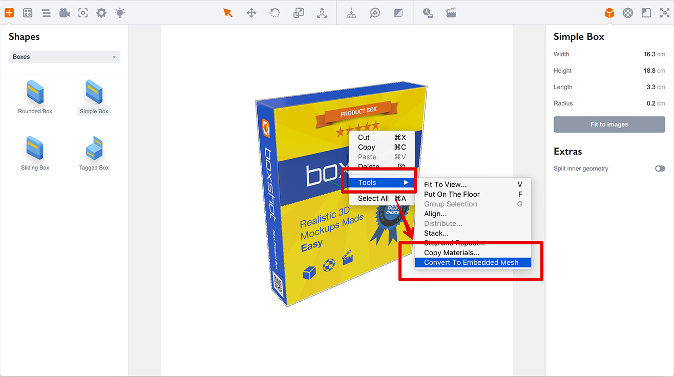 Converting shapes to embedded models in Boxshot 5