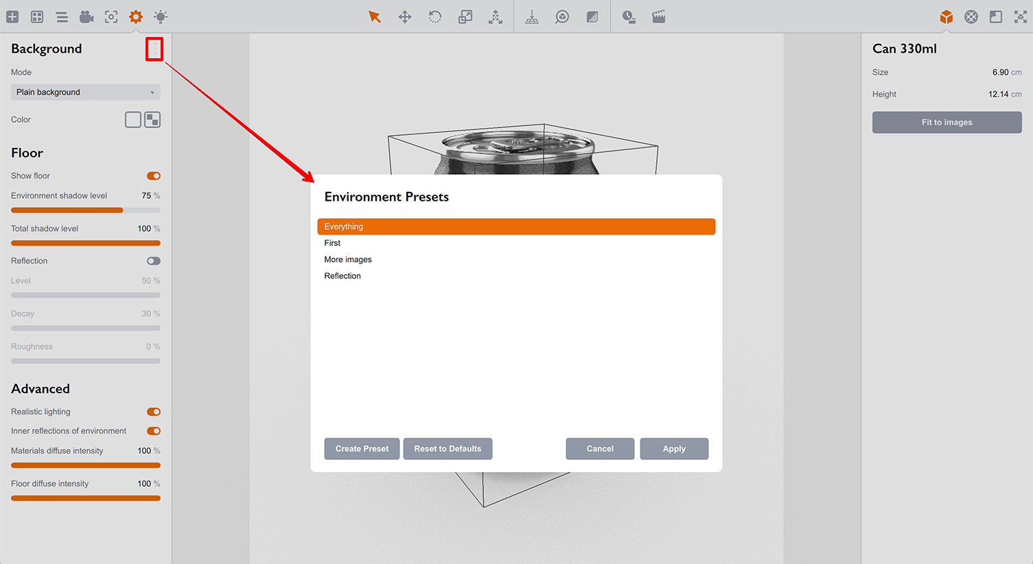 Scene environment presets panel