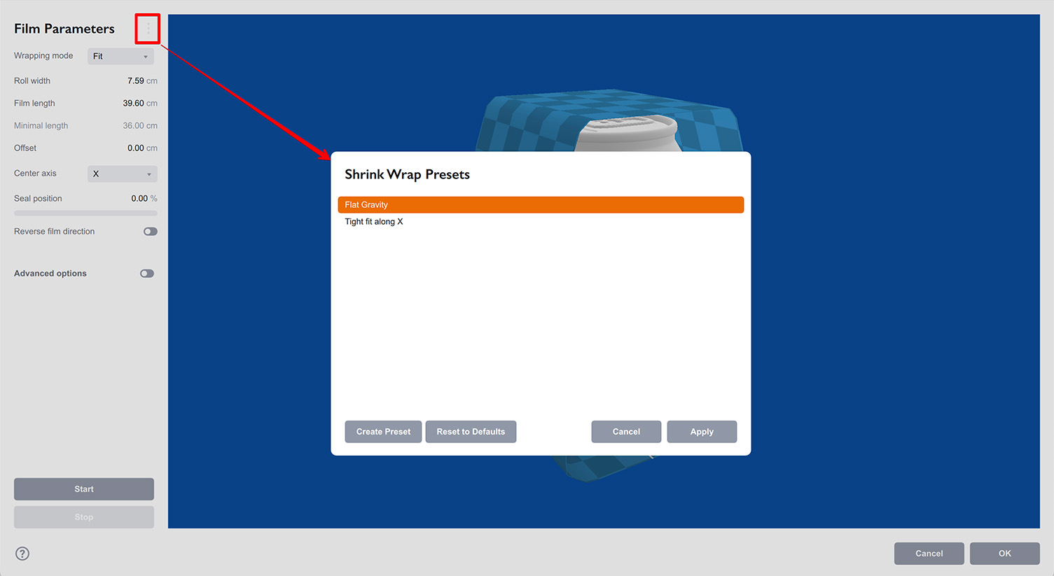 Shrink wrap film presets panel