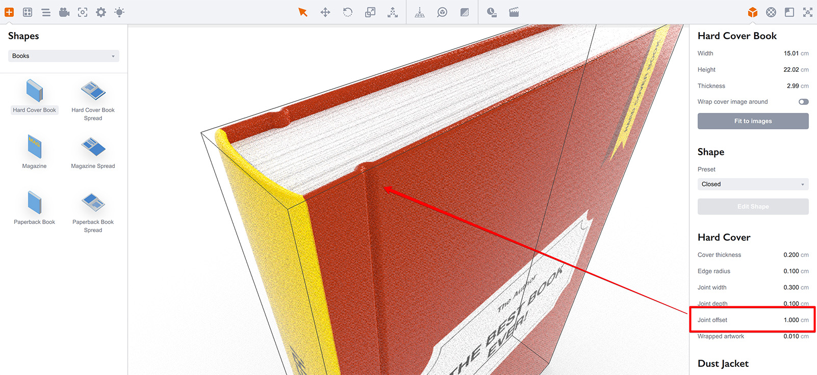 Joint offset parameter for hard cover books