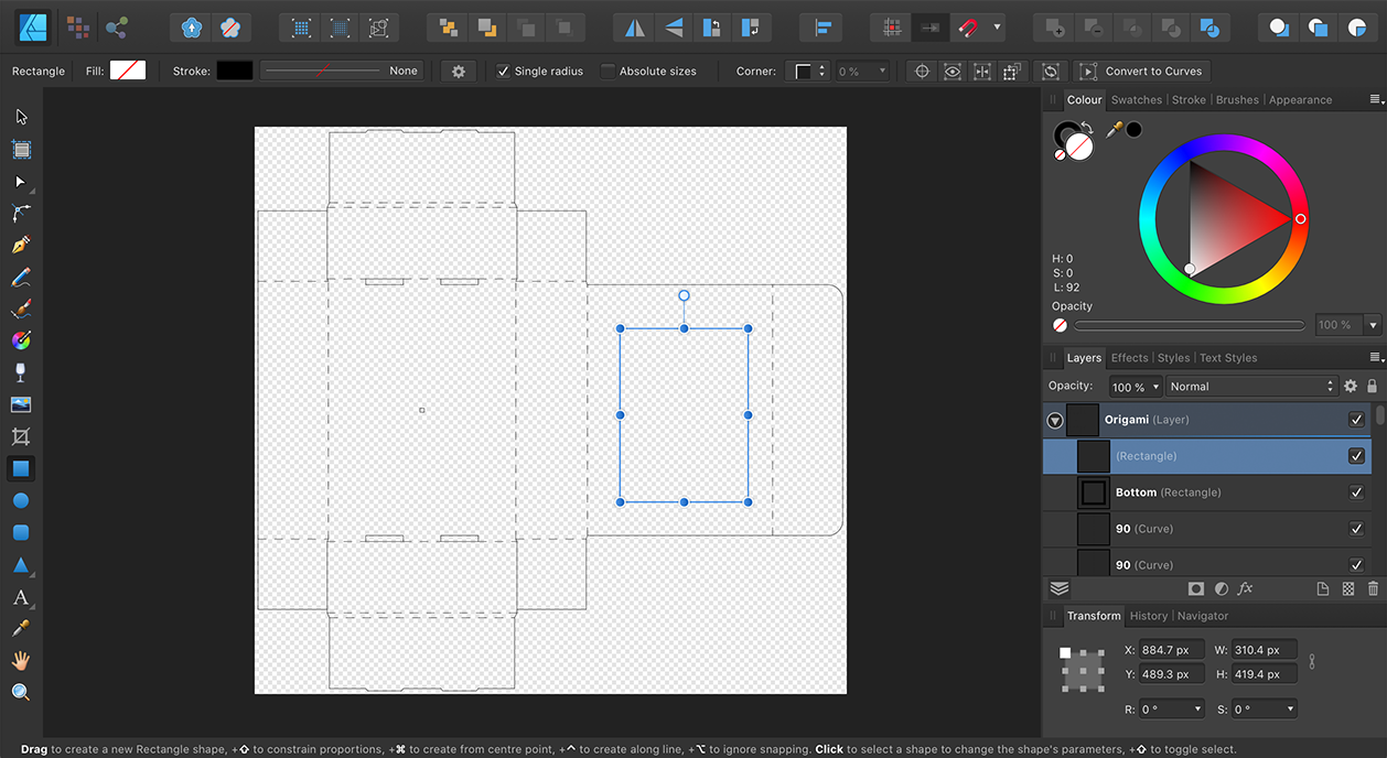 Editing Origami 3 dieline in Affinity Designer